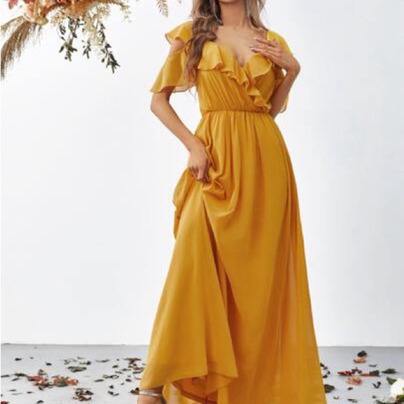Surplice Neck mustard Butterfly Sleeve Chiffon Dress size Small - Picture 2 of 7